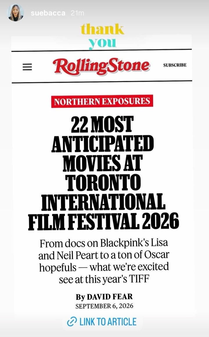 btf0327's tweet photo. Director Sue Kim IG story update with Rolling stone article: mentioned 'Always Lalisa' 🤍 

'22 Most Anticipated Movies at TIFF 2026' https://t.co/P4VCSJGrG3