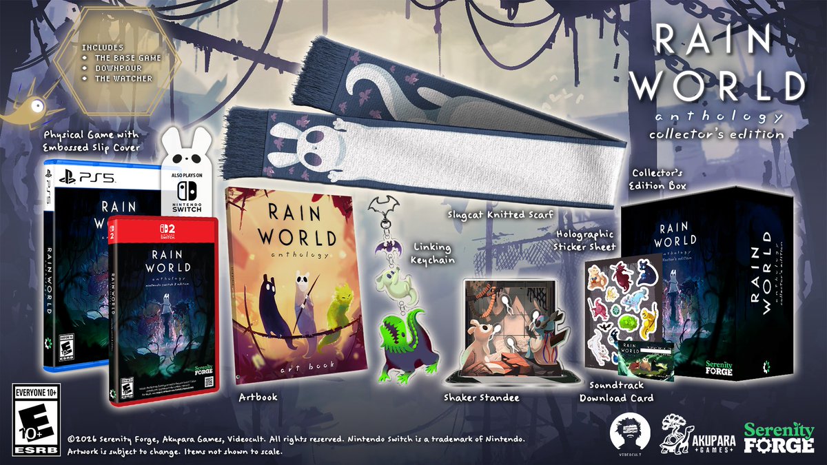 RainWorldGame's tweet photo. New march alert! Rain World: Anthology Edition!

Enjoy this collection of Rain World merch where you’ll get Rain World with both DLCs, Scarf, Keychain, Acrylic Standee, and more!

We are trying to keep the lizards away from eating the slugcats on them.

Links below! https://t.co/TIuXZ2npV0