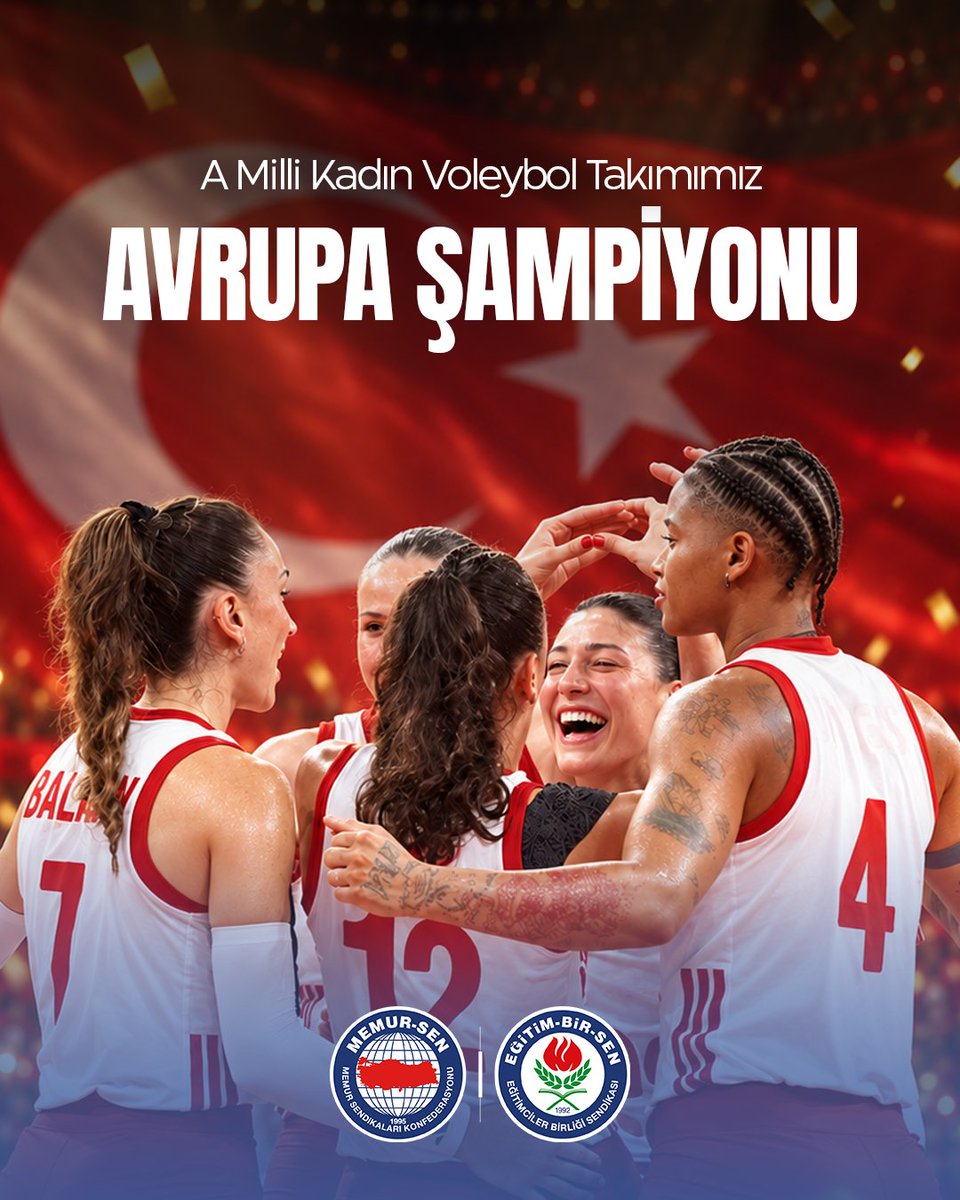 EgitimBirSen's tweet photo. Kadınlar Avrupa Voleybol Şampiyonası finalinde İtalya’yı 3-2 yenerek üst üste ikinci kez Avrupa Şampiyonu olan A Milli Kadın Voleybol Takımımızı tebrik ediyoruz.

#FileninSultanları https://t.co/by0QFwJfvc
