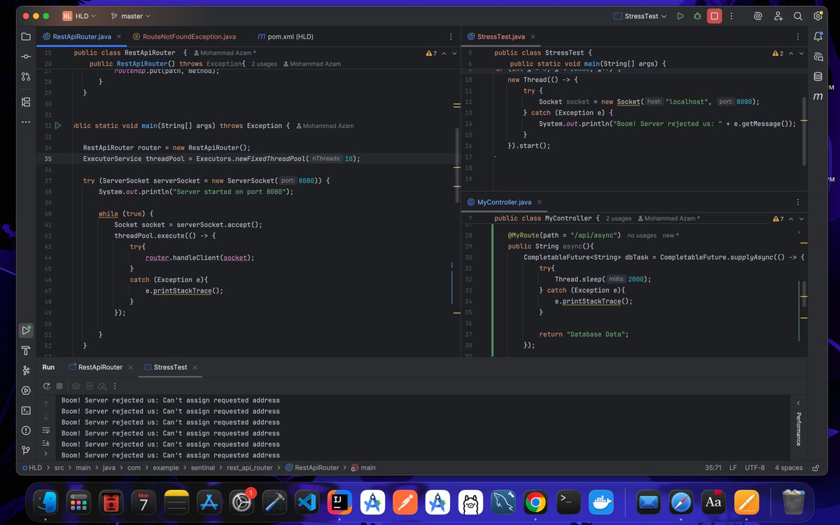 MO__AZAM__'s tweet photo. upgraded my my REST api router with background tasks and error handling exception
but real thing i got to know why huge apps use Java NIO and event loops when i maxed out my server's single thread acceptor 
#Java #Backend #SystemDesign https://t.co/uSXrUyDlkH