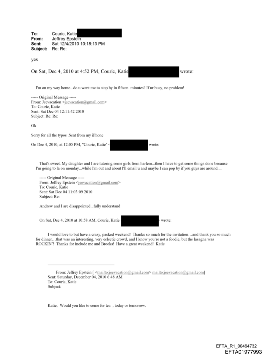 epsteinsearchin's tweet photo. Jeffrey Epstein emailed Katie Couric at 6:48 a.m., December 4, 2010. "Katie, Would you like to come for tea."

She passed. Epstein wrote back: "Andrew and I are disappointed, fully understand."

By 4:52 she offered to stop by in fifteen minutes. https://t.co/dieTGDx4Cc