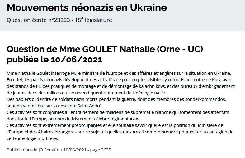 PChaibriant's tweet photo. Politicards et médias traitent de nazis d'extrême droite tous ceux qui ne partagent pas la lumineuse vision de Macron et, qui comme l'AFD, veulent sortir de la prison qu'est l'UE.
En même temps, ils soutiennent les nazis d'Ukraine mais refusent de les qualifier de "nazis" alors qu'en 2021 la sénatrice Goulet demandait au sénat "quelles mesures il comptait prendre pour éviter la contagion de cette idéologie mortifère" !
En Ukraine c'est de VRAIS nazis d'extrême droite nostalgiques d'Hitler, ils prônent la suprématie blanche et commettent des attentats dans toute l'Europe au nom du bataillon Azov qui, depuis, est devenu l'armée régulière de Zelensky.
Et ça c'était AVANT la guerre donc difficile de dire que c'est des mensonges russes...
Seules mesures prises par la France: soutenir l'Ukraine et ses nazis....
https://t.co/4ygCZiqDmF
