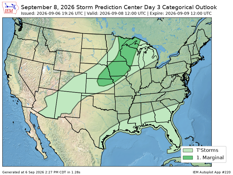 TwistedStratoWX's tweet photo. The Storm Prediction Center issues Day 3 Convective Outlook (Max Risk: Marginal) at Sep 6, 19:26z https://t.co/Yix3GQcCWP https://t.co/4ipXiJXIgu