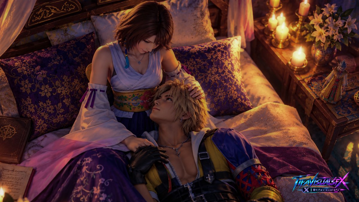 TifaVisualsFX's tweet photo. Yuna and Tidus share a tender moment in a beautiful bedroom at night, bathed in the glow of a moon. Candles illuminate the room. #FFX #Yuna #Tidus #fanart #aiart #SquareEnix https://t.co/LSXo56Vx4Y