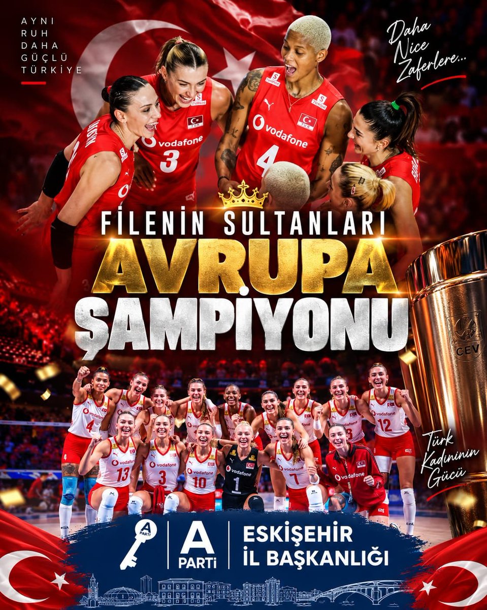 AnahtarPartiEsk's tweet photo. 🇹🇷 AVRUPA’NIN ZİRVESİNDE TÜRKİYE! 🏆

Azmin, mücadelenin ve ay-yıldıza duyulan sevdanın adı: Filenin Sultanları! 🇹🇷

Avrupa Şampiyonu olarak bir kez daha milletimize büyük bir gurur yaşatan A Milli Kadın Voleybol Takımımızı yürekten kutluyoruz.
#FileninSultanları 🇹🇷 https://t.co/QSNB07yDin