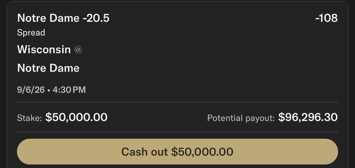 MoneylineMafia_'s tweet photo. Just bet $50K on Notre Dame to obliterate Wisconsin.

If Notre Dame don’t cover, I’m giving away $400 to two people who like and comment below https://t.co/Mzm1HbeDAp