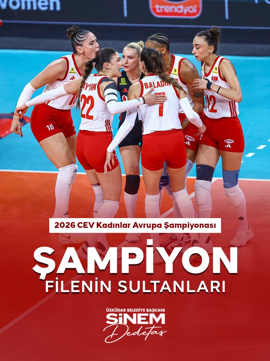sdedetas's tweet photo. Avrupa voleybolunun zirvesinde bir kez daha Atatürk’ün kızları var!

2026 CEV Kadınlar Avrupa Şampiyonası Finali’nde İtalya’yı mağlup ederek Avrupa Şampiyonu olan A Milli Kadın Voleybol Takımımızı yürekten kutluyorum.

Sahada ortaya koydukları inanç, dayanışma ve mücadeleyle bizlere büyük bir gurur yaşatan kadın sporcularımız,  gençlerimize ilham olmaya devam ediyor.

Ay-yıldızlı formayı başarıyla terleten takımımıza, teknik ekibimize ve emeği geçen tüm paydaşlara teşekkür ediyorum.