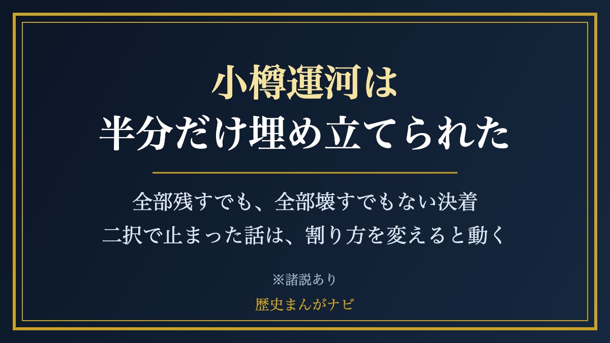 netinfo_all's tweet photo. 小樽運河は、半分だけ埋め立てられています。
道路にするか残すかで十年以上もめた末、幅を半分にして車道と散策路に分けたといいます。
全部残すでも全部壊すでもない案が、いまの町の顔です。
二択で止まった話は、割り方を変えると動くことがあります。
＃小樽運河　＃日本史 https://t.co/BNp6k3Je7O