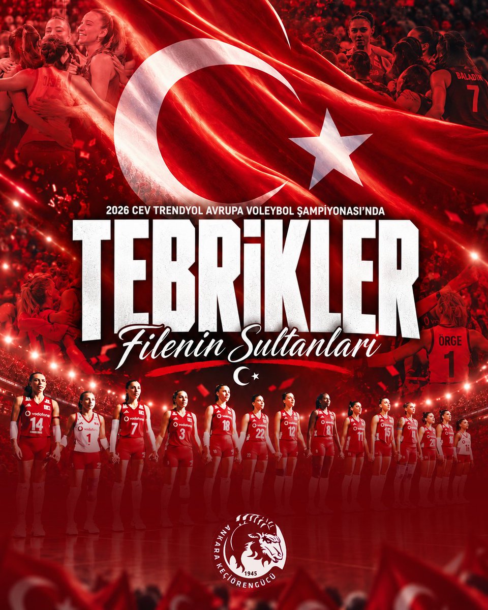 ankara_kg's tweet photo. 🇹🇷 CEV 2026 Kadınlar Avrupa Voleybol Şampiyonası’nda şampiyonluğa ulaşan Filenin Sultanları’nı tebrik ediyoruz. 🏆

Sizinle gurur duyuyoruz. ❤️🤍

#FileninSultanları https://t.co/SCIkvrGrAg