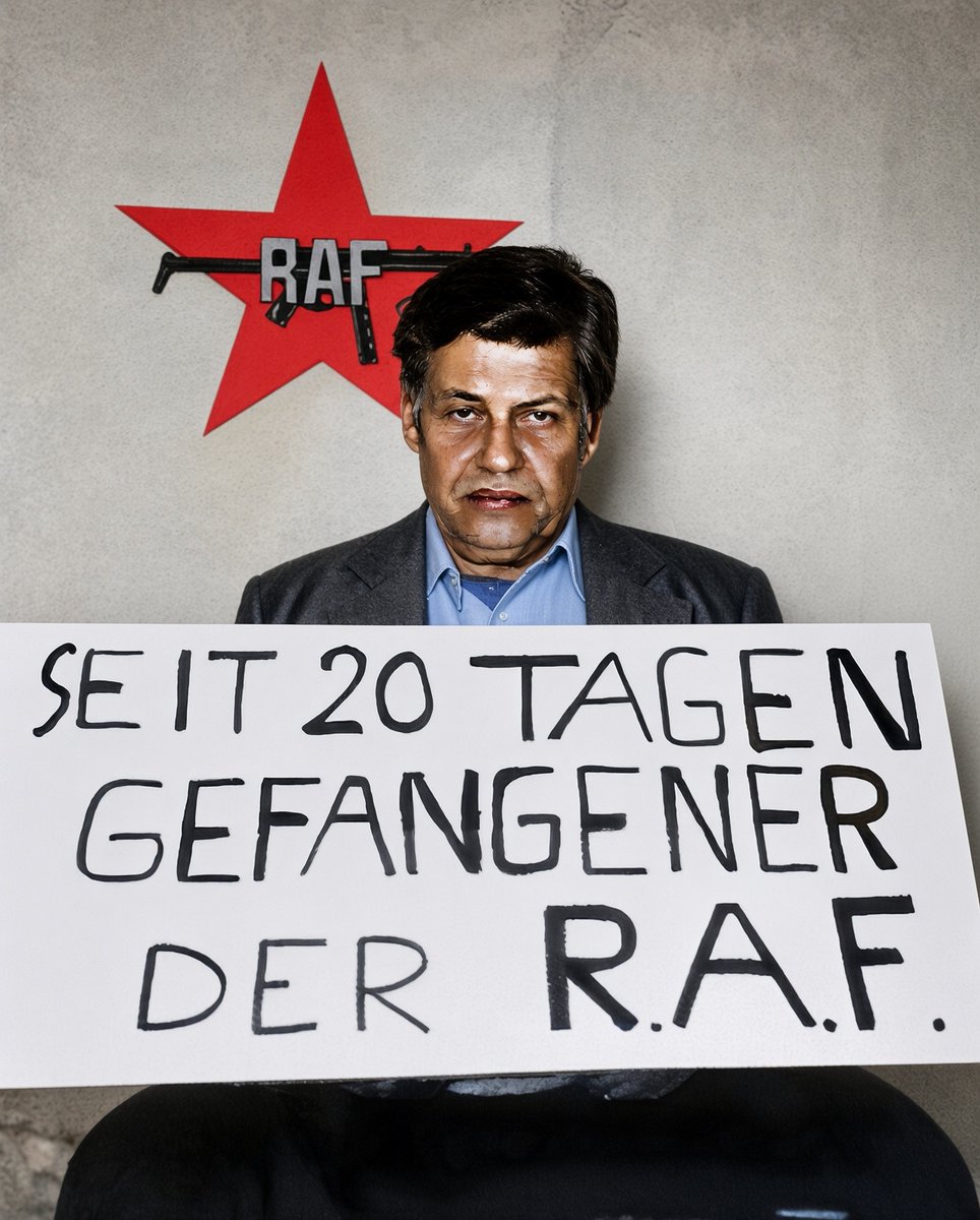 DaniMayakovski's tweet photo. La fotografía del nazi líder de la patronal alemana occidental, Martin Schleyer, capturado por la RAF por más de 20 días, se convirtió en una de las fotografías más icónicas de la Guerra Fría.

Así se "negociaba" antes con la patronal... hoy el estado alemán quiere ampliar la jornada laboral hasta las 12 horas, reducir las bajas médicas y ampliar la edad de jubilación.