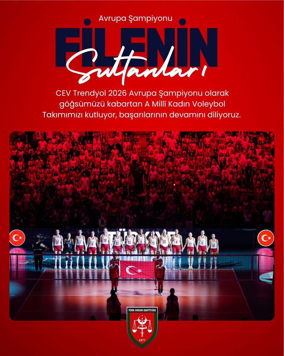 turkhukukhatay's tweet photo. CEV Trendyol 2026 Avrupa Şampiyonu olarak göğsümüzü kabartan A Millî Kadın Voleybol Takımımızı kutluyor, başarılarının devamını diliyoruz. https://t.co/clMvjCiADq