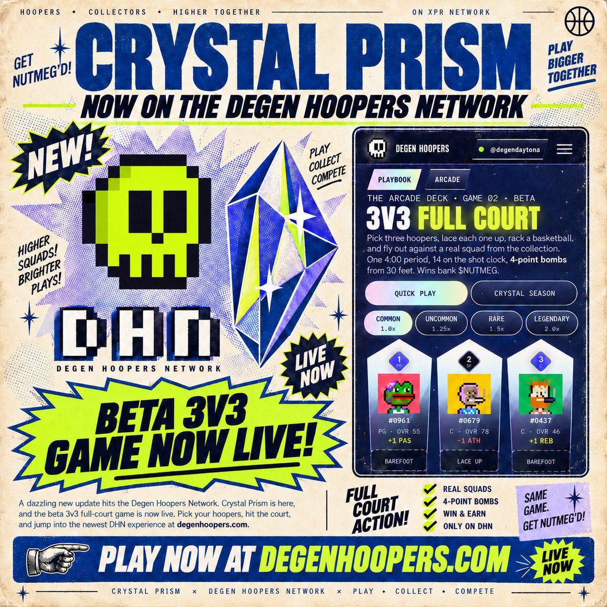 DegenHoopers's tweet photo. 🚨NEW WEBSITE &amp; GAME UPDATE🚨

“Crystal Prism” era is now live on https://t.co/xxnuy3pp9W 🌰🏀

Beta for 3️⃣✌️3️⃣ is now live!
More ways to earn $NUTMEG !
Build your hoopers legacy!
Basketball on the blockchain!
“Atomic Assets” on $XPR https://t.co/nB5UhJCjKq
