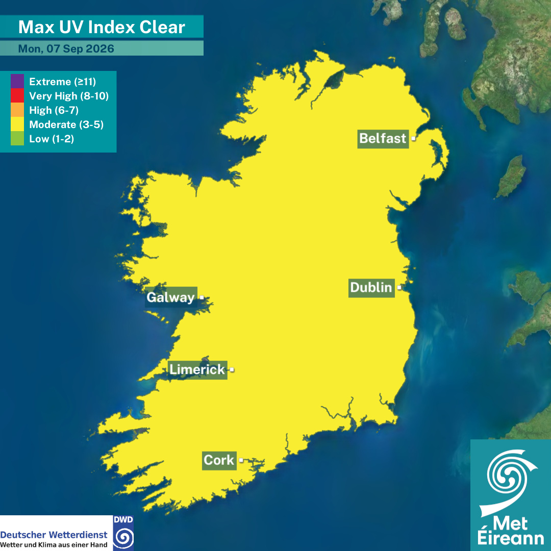 MetEireann's tweet photo. #UV Index for Monday, 07th September  

▶️ Moderate under clear skies 
▶️ Mostly low under cloudy skies  

Remember to be #sunsmart and protect your skin and eyes from the sun, even on cloudy days 🕶️🧴🧢 

ℹ️ https://t.co/HPryW0cMDo https://t.co/fa1sM3LdPl