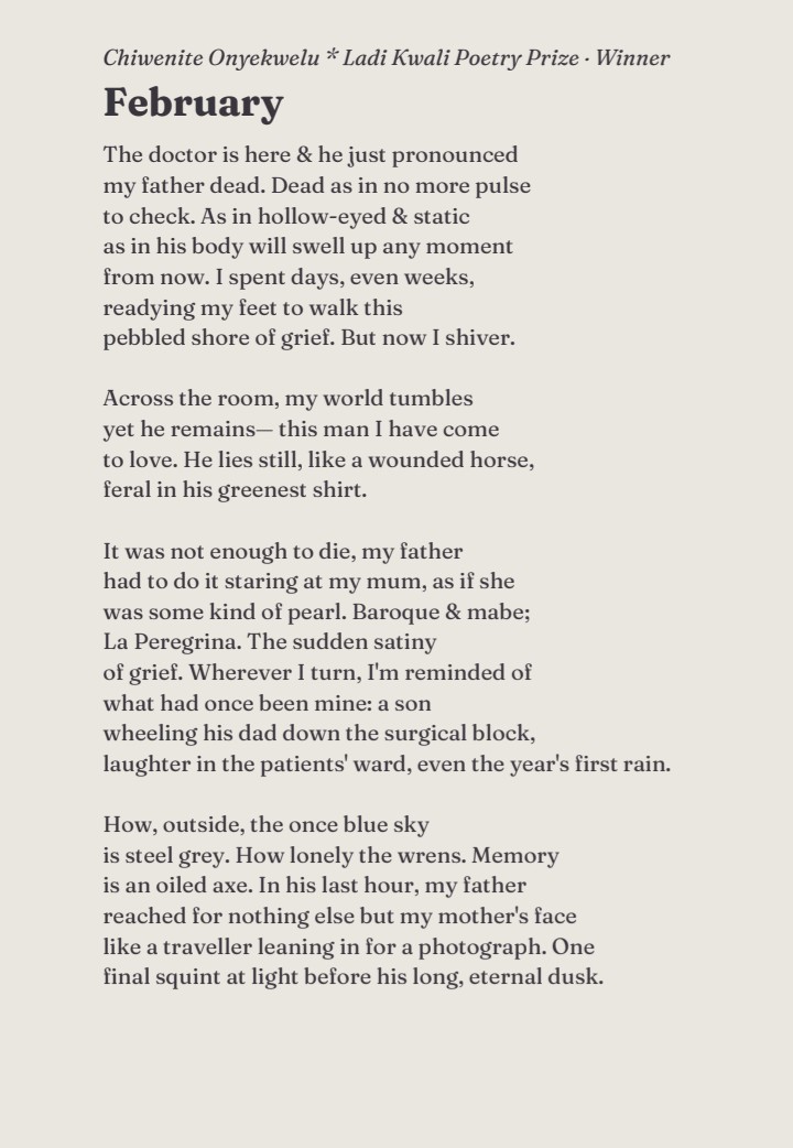 Chiwenite_O's tweet photo. My Ladi Kwali Poetry Prize-winning work is now published.

This is one of those poems you never want to write. I'm glad that it found home in the beautiful Northern Writers Forum @NWForum_ 💎 

You can read other amazing works in the Issue: https://t.co/piD7zAyYLy