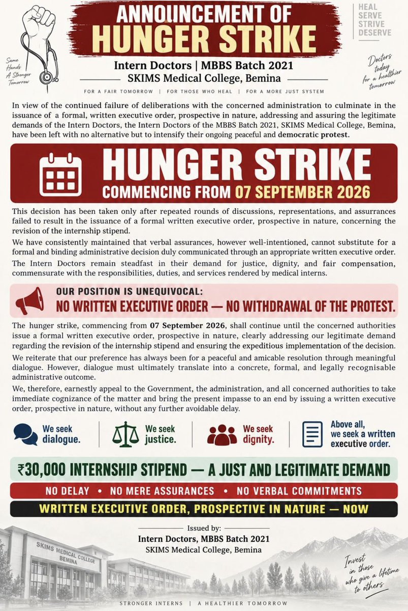xrayqh's tweet photo. Enough of assurances. Now we demand action.
J&amp;K Intern Doctors are intensifying the protest with a hunger strike from 7 September.

Our demand is clear: ₹30,000 internship stipend + a written executive order + prospective implementation.

No more delays. No more verbal promises https://t.co/EoZpb6RGNY