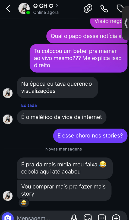 Chicomacarico's tweet photo. 🚨 GRAVE: Está circulando um print de uma suposta conversa entre GH e um amigo, onde ele teria afirmado que tudo o que fez recentemente seria apenas para gerar visualizações.

Além disso, segundo o print, o choro mostrado por GH em seus últimos vídeos teria sido provocado com o uso de cebola para forçar as lágrimas.