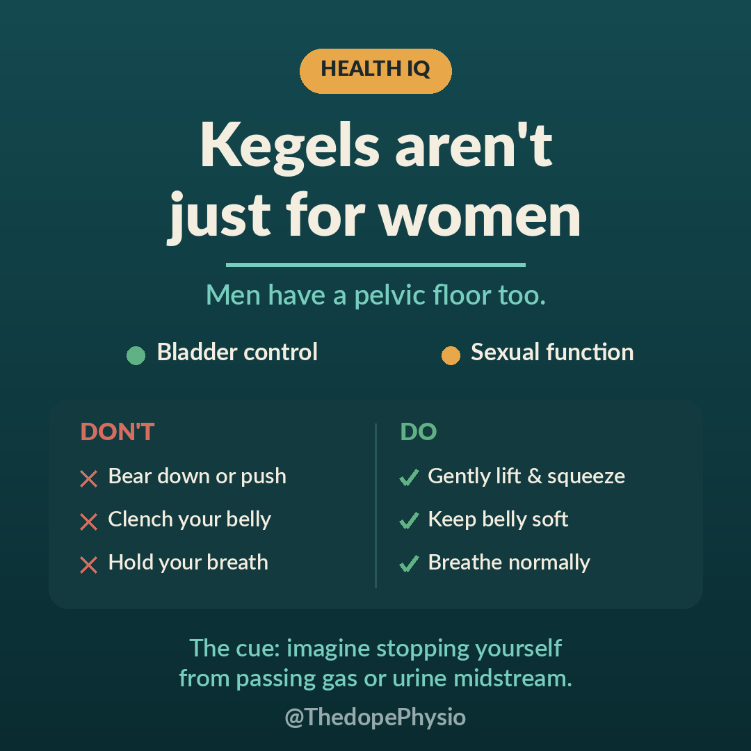 ThedopePhysio's tweet photo. Health IQ: let's clear up something most people get wrong.

Kegels, pelvic floor exercises are not "a woman's thing." They're not only for after childbirth either. Men have a pelvic floor too, and training it matters for bladder control and for sexual function, including firmer, longer-lasting erections. These are real muscles. You can train them like any other.

Here's the problem. Most people doing Kegels are doing them wrong. They bear down, or they clench their stomach, or they hold their breath and squeeze their whole body. That's not it. And done wrong, they can do nothing, or make things worse.

The right move is quiet and specific. Imagine stopping yourself from passing gas or urine midstream. That gentle lift and squeeze, that's the muscle. Hold a few seconds, fully relax, repeat. Belly soft. Breathing normal. Nobody around you should be able to tell.

Relaxing the muscle fully matters as much as squeezing it. A pelvic floor that's always tight is its own problem.

Man or woman, this is worth learning properly.
#HealthIQ #PelvicFloor #Menhealth #Nigeria