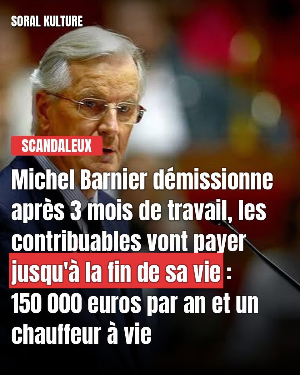 platiniumultra's tweet photo. Michel Barnier a occupé Matignon pendant 3 mois, la durée la plus courte de la Ve République, sans faire voter le moindre budget. Il en repart avec 44 730 euros d'indemnités de départ, une voiture, un chauffeur à vie et une pension de 150 000 euros par an.

Une retraite moyenne en France tourne autour de 1 400 euros par mois. Michel Barnier touchera 12 500 euros par mois, sans avoir fait voter un seul budget en 3 mois de mandat.

Ce statut ne dépend d'aucun résultat. Un ancien Premier ministre touche ces avantages à la seconde où il quitte Matignon, qu'il soit resté 3 ans ou 3 mois, qu'il ait fait voter un budget ou qu'il ait vu son gouvernement tomber sur une motion de censure en décembre 2024. La règle est écrite comme ça, et personne à Bercy n'a jugé utile de la revoir.

Pendant ces 3 mois, Michel Barnier demandait aux Français 60 milliards d'euros d'économies et de hausses d'impôts pour redresser les comptes publics. Le budget n'est jamais passé. Le gouvernement, si. Chuté, censuré, terminé. Et c'est à ce moment précis, sur cet échec précis, que la mécanique s'est enclenchée : indemnité versée, voiture attribuée, chauffeur affecté, pension calculée. Sans condition de durée, sans condition de résultat.

Le problème n'est pas qu'un ancien Premier ministre touche une pension. C'est qu'elle ne varie pas d'un centime selon qu'il a réussi ou échoué.

44 730 euros, une voiture, un chauffeur à vie et 150 000 euros par an : c'est le tarif fixe d'un mandat raté, payé par ceux à qui on demandait 60 milliards d'efforts.