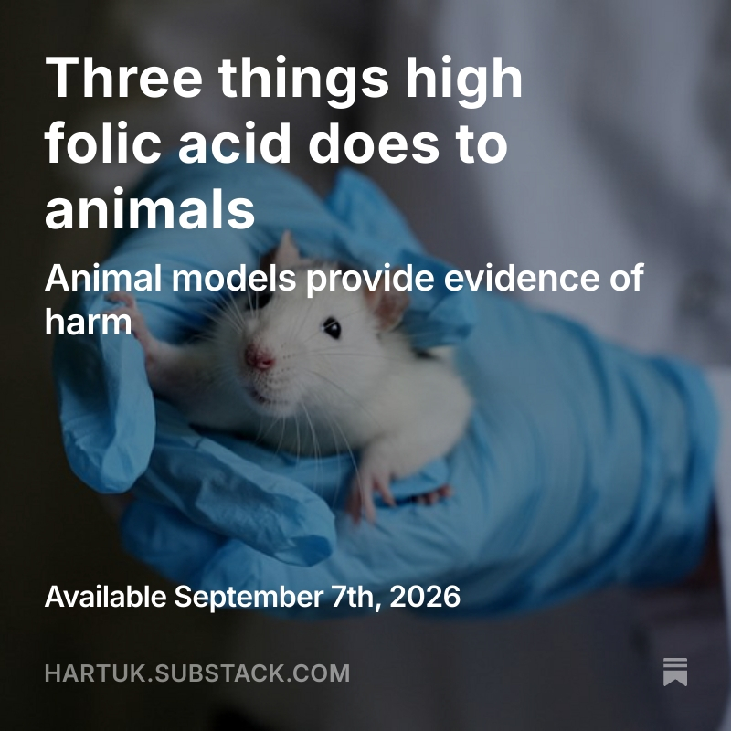 ClareCraigPath's tweet photo. Under randomised conditions in rodents, folic acid:

reduces MTHFR activity, 
restricts growth in the womb, 
shrinks the memory structures of the brain and impairs memory, 
weakens the immune cells that police viruses and tumours, 
shortens survival after infection and 
accelerates the growth of tumours that already exist. 

That is a long list of problems for a supposed vitamin that is being added to our food as a legal requirement.

Link to article and petition below: