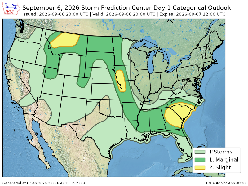 TwistedStratoWX's tweet photo. The Storm Prediction Center issues Day 1 Convective Outlook (Max Risk: Slight) at Sep 6, 20:00z https://t.co/ng4sJvKcIC https://t.co/Iy2FxEgbEc