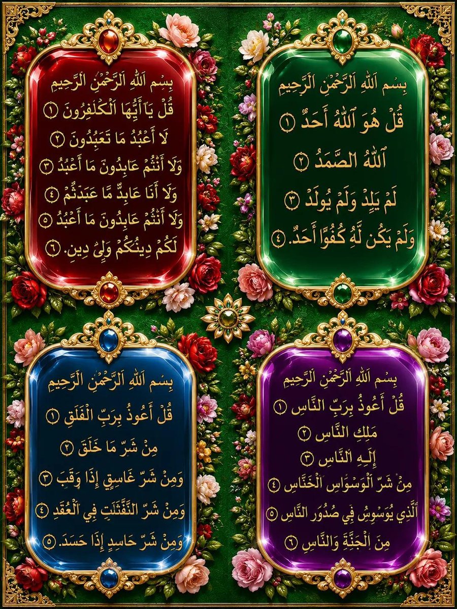 ZAljanah's tweet photo. ﷽ 

قل هو ﷲ أحد۝ﷲ الصمد۝لم يلد ولم يولد۝ولم يكن له كفوا أحد

﷽ 

قل أعوذ برب الفلق۝من شر ما خلق ۝ومن شر غاسق إذا وقب۝ومن شر النفاثات في العقد۝ومن شر حاسد إذا حسد

﷽ 

قل أعوذ برب الناس۝ملك الناس۝ إله الناس۝من شر الوسواس الخناس ۝الذي يوسوس في صدور الناس۝من الجنة والناس https://t.co/WIV38YhMp3
