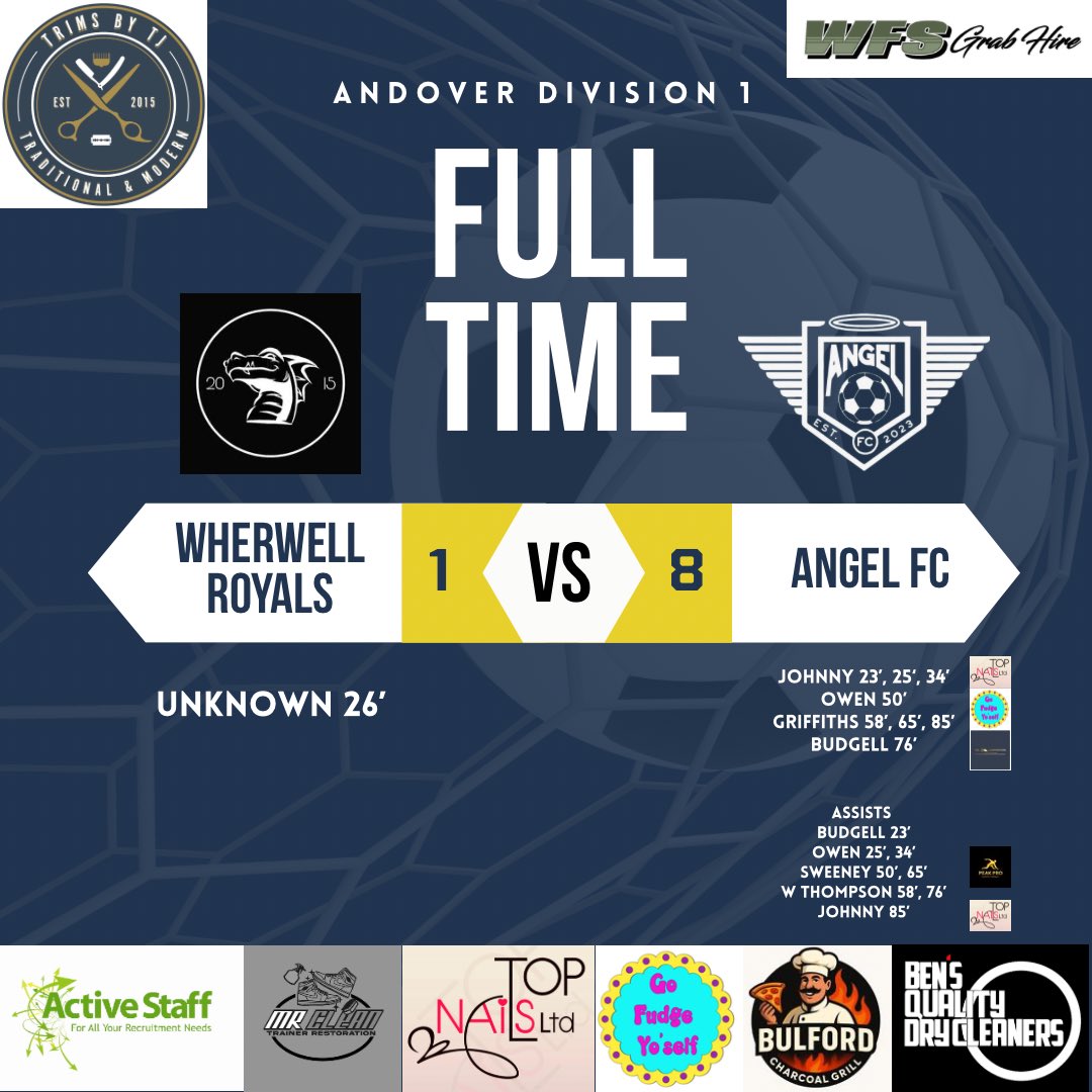 FCAngel23's tweet photo. Trims By TJ & Others sponsored Angel FC in their first away win of the season. BACK WITH A BANG!!🔥🪽 A great season opener with a big W. Well played Wherwell - See you later in the season 🫱🏾🫲🏽🪽 UTA!! 🔵⚽️💙 #Angel #Angel #ADSL #UTA 🪽🪽🪽 https://t.co/bfs5T2Wmw9
