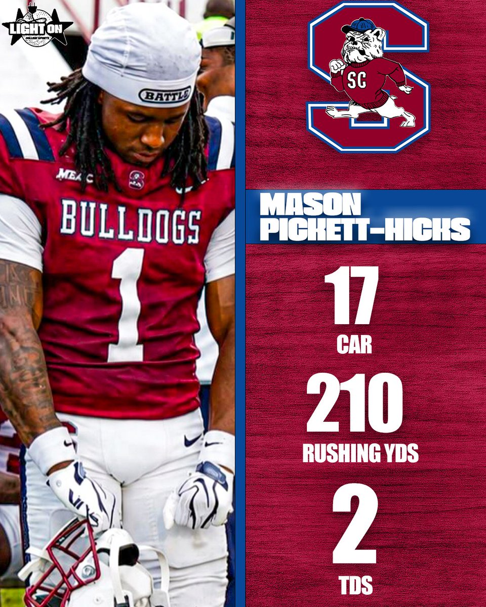 LightOnSports's tweet photo. South Carolina State running back Mason Pickett-Hicks HAD A DAY against FAMU 😤🔥

- 17 CARRIES
- 210 RUSHING YARDS
- 12.4 YARDS PER CARRY
- 2 TOUCHDOWNS

@SCState_Fb https://t.co/FjuJHFW9Mk