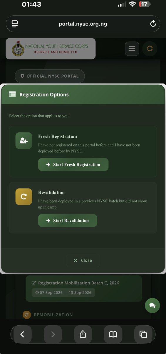 foc_embrace001's tweet photo. 🚨 IMPORTANT NOTICE TO ALL PCMs PREPARING FOR 2026 NYSC BATCH C STREAM 1

This guide explains, step by step, how to create your NYSC profile and begin your registration correctly.

👉 STEP 1: ACCESS THE NYSC PORTAL
Visit the official NYSC portal:

https://t.co/9Xew43sfsG

👉 STEP 2: CONFIRM THE REGISTRATION WINDOW
Registration for 2026 NYSC Batch C is scheduled for:
7 September 2026 – 13 September 2026
During this period, the portal should display Registration Mobilization Batch C, 2026.

👉 STEP 3: SELECT THE CORRECT REGISTRATION OPTION
Choose the option that applies to you:
🔰 Fresh Registration :- (for first-time users who have never registered on the NYSC portal).
🔰 Revalidation :-(for those who were previously deployed but did not report to camp).

👉 STEP 4: CREATE YOUR ACCOUNT
If you are registering for the first time, click Fresh Registration and provide the required details.
You will need to:
Enter a valid email address
Create a password
Confirm your password
Choose a security question
Provide the correct answer to the security question
Please remember your password, as you will need it whenever you return to the portal.

👉 STEP 5: VERIFY YOUR ACCOUNT
After creating your account, click Continue and check your email for a confirmation message from NYSC.
Click the verification link sent to your email to activate your account.

👉 STEP 6: COMPLETE THE PRE-PAYMENT/PROFILE DETAILS
At this stage, you may be required to provide details such as:
•Email address
•Country of study
•Name of institution
•JAMB Registration Number
•Matriculation Number
•Programme
•Password
•GSM/Phone Number
•Surname
•First Name
•Middle Name
•Class of Degree
•Date of Graduation
Please check your Senate List and official records carefully before entering your details.
After completing the form, tick the box confirming that the information you provided is correct.

👉 STEP 7: PROCEED FOR BIOMETRICS
Once you have successfully created your profile and completed the required information, proceed to an approved registration centre for biometric capture and continuation of your registration.

⚠️ IMPORTANT: Enter your details carefully and avoid mistakes. The portal may also be slow due to heavy traffic, so be patient and keep trying.

Registration closes on 13 September 2026.

🔁 SHARE THIS WITH OTHER PCMs PREPARING FOR BATCH C STREAM 1.