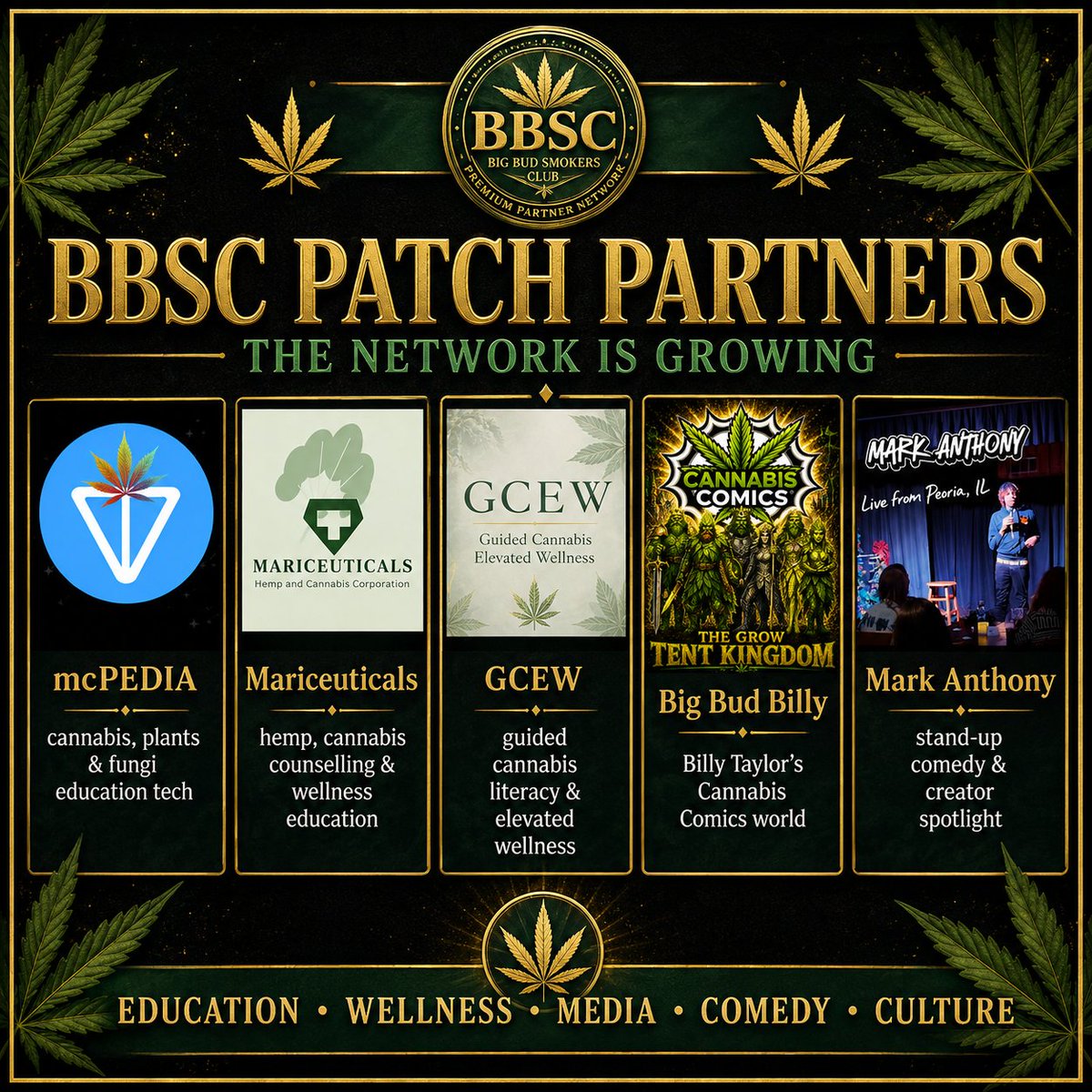 BBSC420's tweet photo. BBSC Patch Partners is where the culture connects: mcPEDIA, Mariceuticals, GCEW, Big Bud Billy, and Mark Anthony.
Education, wellness, comics, comedy, and culture. Different lanes. Same network.
https://t.co/ROjIMae4Jb
#BBSC https://t.co/CG9KGW8yj2