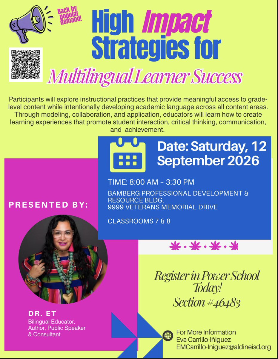 Aldine_Bil_ESL's tweet photo. Back by popular demand, @DrETontheBorder!  Don't miss out, next Saturday, September 12th at the Bamberg Building in @AldineISD.  Register today 👇👇👇

@MultilingualAld @AldineProfLearn @teachbernieb @aniklt @nparedes2000 @mtwilliamsEdD @MrCarmona2016 @BusseyES_AISD @DunnES_AISD https://t.co/EQEPav2FKt