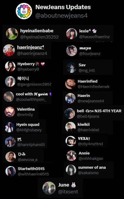 NJZandTaylor2's tweet photo. Lista de Hybe stans(armys/glitts) que fingen apoyar a Newjeans, seria bueno que todos bloqueen estas cuentas porque estan tratando de infiltrarse al fandom, sobretodo
@aboutnewjeans4 @/hausofhaerinz
la siguen armys y las cuentas Mamba que insultan a las chicas #Newjeans #Tokkis https://t.co/JebB9ODT7X
