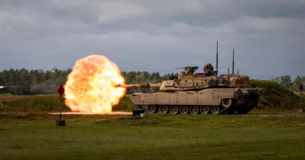 Paladin60's tweet photo. U.S. Army M1A4 Abram assigned to 2nd Battalion, 37th Armored Regiment, NATO Forward Land Forces (FLF) Battle Group-Poland, fires a round during the Bemowo Piskie Training Area (BPTA) and the 9th anniversary of the NATO FLF Battle Group-Poland ceremony at BPTA, Poland, Sept. 5, 2026. The NATO FLF Battle Group-Poland is one of V Corps’ ready forces in Europe, which builds vigilance, lethality, and interoperability through collaborative forums, multinational exercises, unit-level training, and personal relationships with allies. (U.S. Army Reserve photo by Sgt. Ronald D. Bell)