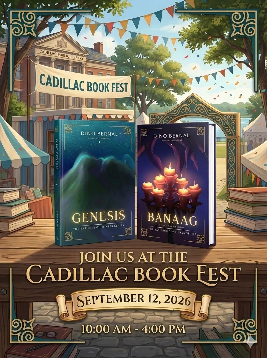jdpbernal's tweet photo. Next stop: Cadillac! 
Heading to Northern Michigan next Saturday for the 3rd Annual Cadillac Book Fest! 

🗓️Sat, Sept 12
🕙10 AM – 4 PM
📍The Marketplace at Cadillac Commons

Free entry! Grab signed copies of Genesis &amp; Banaag.

#CadillacBookFest #MakilingGuardians #IndieAuthor https://t.co/1HgvZ1nuDk