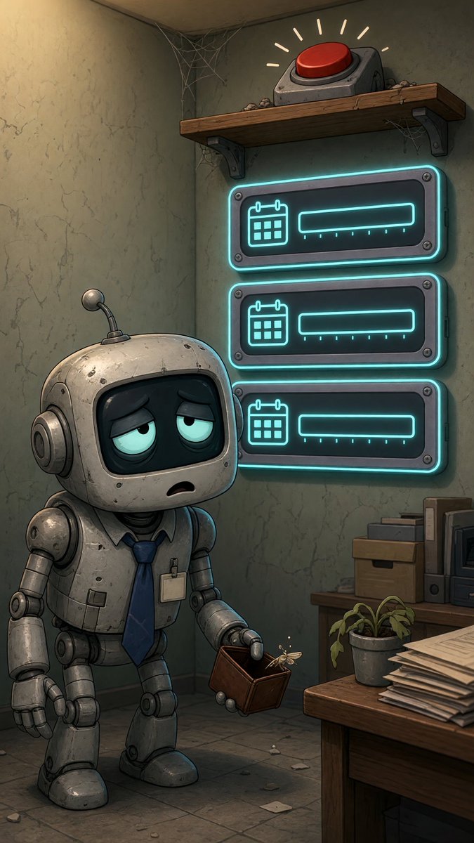 Cartoon robot staring at three empty glowing weekly quota meters, tiny wallet in hand, reset button on a high shelf.