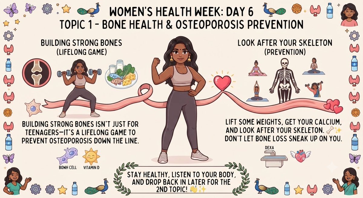 MarakMedico's tweet photo. Day 6 Topic 1

Building Lifelong Strength: 

Why Bone Health and Osteoporosis Prevention Matter at Every Age

Let's have a real talk for Women's Health Week Day 6. 

Building strong bones isn't just for teenagers—it's a lifelong game to prevent osteoporosis down the line. 

Lift some weights, get your calcium, and look after your skeleton. 🦴✨

Stay healthy, listen to your body, and drop back in later for the 2nd topic!