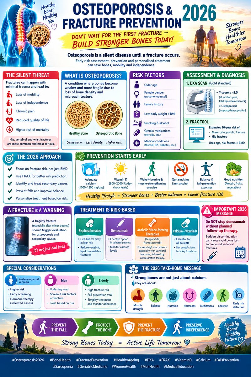 dr_yograj's tweet photo. 🦴 OSTEOPOROSIS 2026: DON’T WAIT FOR THE FIRST FRACTURE — BUILD STRONGER BONES TODAY!
————————————————-
Osteoporosis is a silent disease until a fracture occurs. Hip, vertebral and wrist fractures can dramatically reduce mobility, independence and quality of life—particularly in older adults. The #Osteoporosis2026 approach increasingly emphasises early risk assessment, fracture prevention and personalised treatment, rather than waiting for severe bone loss. 
————————————-
🔹 Think fracture risk—not just bone density. #DXA remains the standard method for measuring bone mineral density. A T-score ≤ −2.5 at the lumbar spine, total hip or femoral neck supports a diagnosis of osteoporosis in appropriate populations. But fracture history and clinical risk factors are equally important. 
——————————
🔹 FRAX helps predict the future. The #FRAX tool combines age, previous fracture, family history, smoking, steroid use and other factors—with or without #BMD—to estimate the 10-year probability of major osteoporotic and hip fractures. 
———————————————-
🔹 Prevention starts early. Adequate dietary #Calcium, appropriate
 #VitaminD, weight-bearing and muscle-strengthening exercise, good nutrition, smoking cessation and limiting excessive alcohol are fundamental. Balance and fall-prevention exercises are particularly important in older adults. 
————————————-
🔹 A fracture after minor trauma is a warning—not simply bad luck. A fragility fracture should trigger evaluation for #Osteoporosis and secondary causes of bone loss.
————————————
🔹 Treatment is risk-based. For many patients at high fracture risk, bisphosphonates remain an important first-line option. Denosumab is another effective option in selected patients. Those at very high fracture risk, particularly with vertebral fractures, may benefit from anabolic or bone-forming therapies such as teriparatide or romosozumab, followed by antiresorptive therapy. 
—————————————-
🔹 An important 2026 message: treatment continuity matters. Denosumab should not simply be stopped without planned follow-up therapy, because rapid bone loss and rebound vertebral fractures can occur. 
————————————————-
🌟 THE 2026 MESSAGE
Strong bones are not just about calcium. They are about muscle, balance, nutrition, hormones, medications, lifestyle and early risk detection.
PREVENT THE FALL → PROTECT THE BONE → PREVENT THE FRACTURE → PRESERVE INDEPENDENCE. 🦴❤️
#BoneHealth #FracturePrevention #HealthyAgeing #Sarcopenia #MedX #FallsPrevention #GeriatricMedicine #WomenHealth #MenHealth #MedEd #MedicalEducation #MedTwitter
@IhabFathiSulima @docakx @ajaykraina @mekarora @sowmiyasid