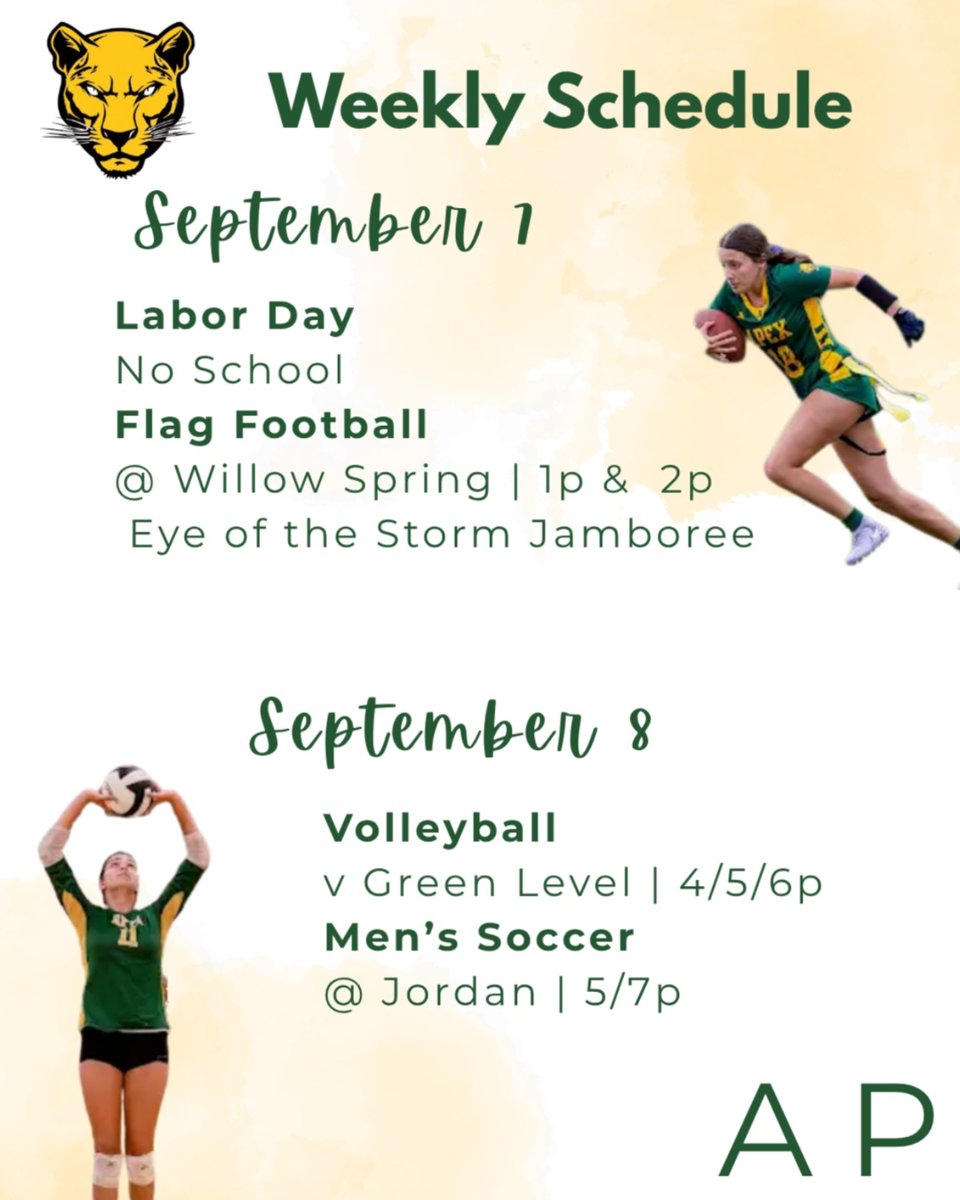 apexcougarclub's tweet photo. Apex Athletics 9/7-9/12. Go Cougars!
📸: @tim_ts_images
@ApexHighSchool @apexhsathletics @ApexHScheer @apextrackxc @ApexFB @apexhsgolf @ApexHighTennis @apexvball8 @apexhsflagfb https://t.co/8v2WzLVla2