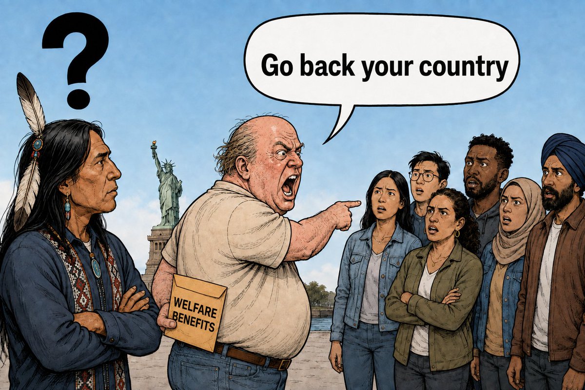 Becare4ok's tweet photo. The cartoon isn’t about most Americans, or white people as a whole. It’s about people who list their skin color as their greatest achievement. There’s no shame in being poor or receiving benefits. But collecting public assistance while trying to kick out immigrants who build businesses, create jobs, and keep this country running is a hell of a way to “contribute.” Wrapping racism in a flag doesn’t make it patriotism. Your ancestors caught an earlier boat, and suddenly the entire continent is the family estate. Meanwhile, the Native American in the corner: “You’re awfully confident about who owns the place.”@immcouncil @ACLU