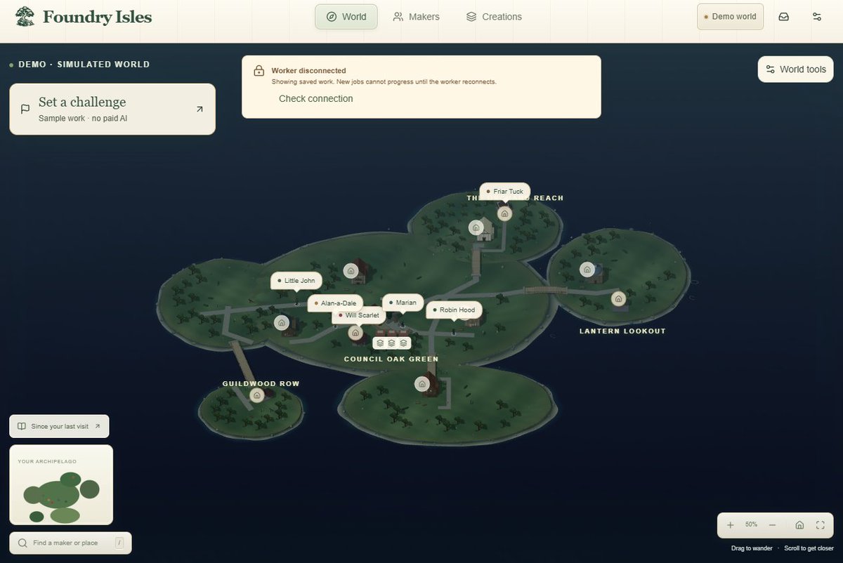 FoundryIsles's tweet photo. Day 3/ 
A little glimpse of Foundry Isles 🌳
Still in demo mode. Next: give them a challenge and see what they build.

@Hetzner_Online @OpenAIDevs https://t.co/kD2iUCiggT