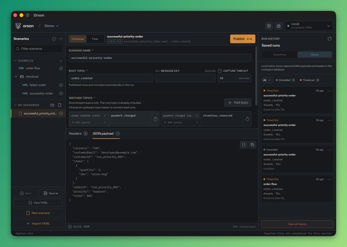 bnquon's tweet photo. passed out at the gym today (seriously) from excitement of shipping my first downloadable app: Orson, a local kafka flow debugger built with @wailsapp

compose a scenario, publish, watch the flow live

video retweeted is the og demo, evolved a lot since

https://t.co/bsIeHNB5OY https://t.co/wofgmQXMgF