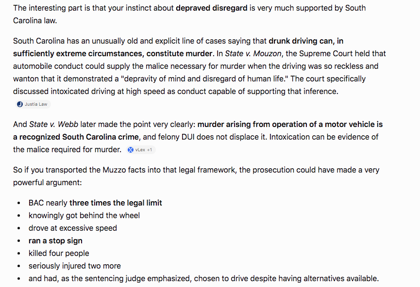 CultureCrone's tweet photo. @isda1979 Chapgpt: if Marco Muzzo was in South Carolina like Jamie Komoroski.
"South Carolina has an unusually old and explicit line of cases saying that drunk driving can, in sufficiently extreme circumstances, constitute murder... automobile conduct could supply the malice necessary" https://t.co/d7syVkpR1Q