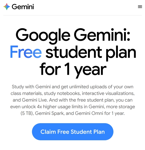 Google Gemini student-plan landing page showing a free one-year offer tied to higher usage limits and bundled Google AI benefits