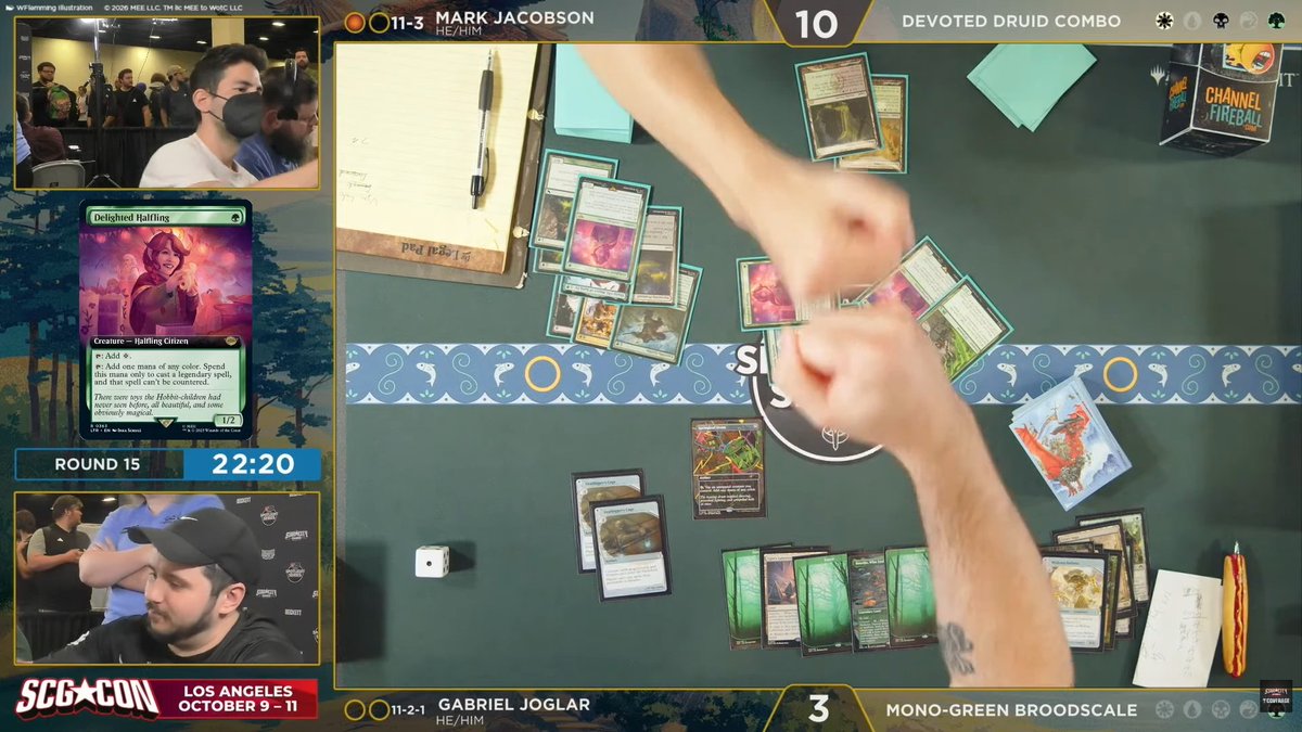 SCGCON's tweet photo. Mark Jacobson (Devoted Druid Combo) takes down Gabriel Joglar (Mono-Green Broodscale) in the final round of Swiss at Magic Spotlight: The Hobbit!

A huge Round 15 win at #SCGDALLAS.

📺 YouTube: https://t.co/1am22EqsS3
🟣 Twitch: https://t.co/csq86Cu9az
#SpotlightTheHobbit https://t.co/NJGhNuoZ04