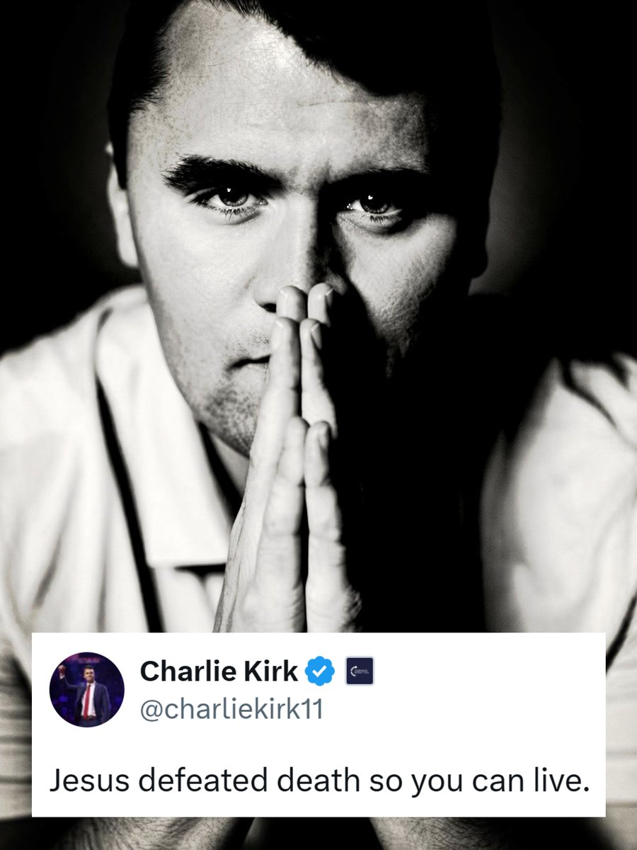 OldeWorldOrder's tweet photo. "Jesus defeated death so you can live."

Charlie Kirk said these words a year ago today, not knowing it would become one of his final messages to mankind.

We miss you, Charlie 🙏🏻✝️ https://t.co/FokdnOFvSW
