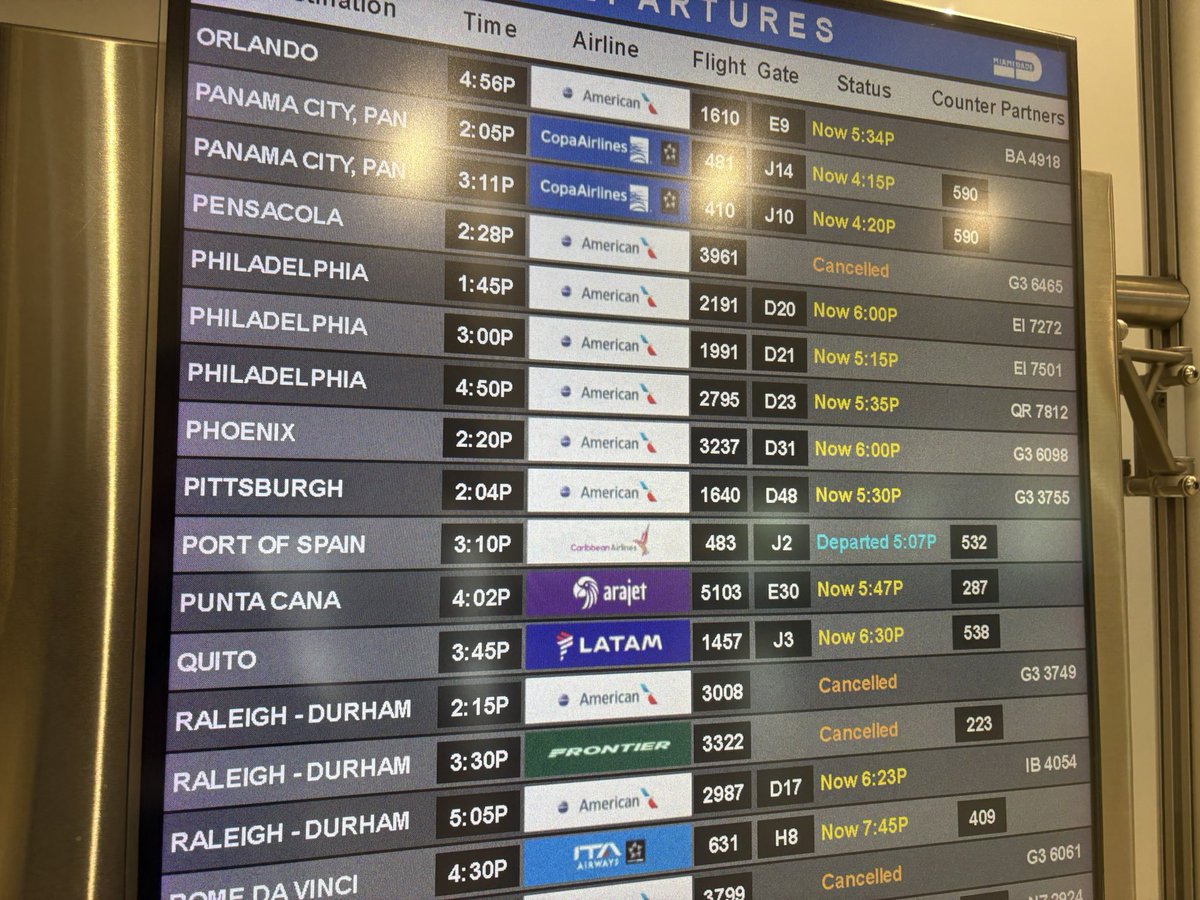 doug_hanks's tweet photo. Two of MIA’s four runways are operational again, per county Aviation spox Greg Chin. On a departure board jammed with delays, there are scattered mentions of planes that recently took off https://t.co/QGeGz83SXU https://t.co/Fcs3rO8wPx