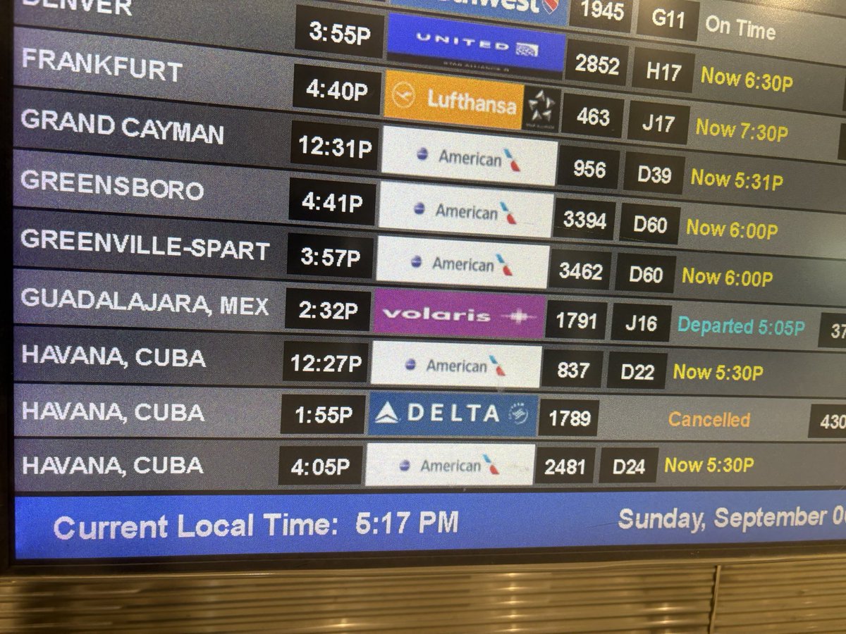 doug_hanks's tweet photo. Two of MIA’s four runways are operational again, per county Aviation spox Greg Chin. On a departure board jammed with delays, there are scattered mentions of planes that recently took off https://t.co/QGeGz83SXU https://t.co/Fcs3rO8wPx