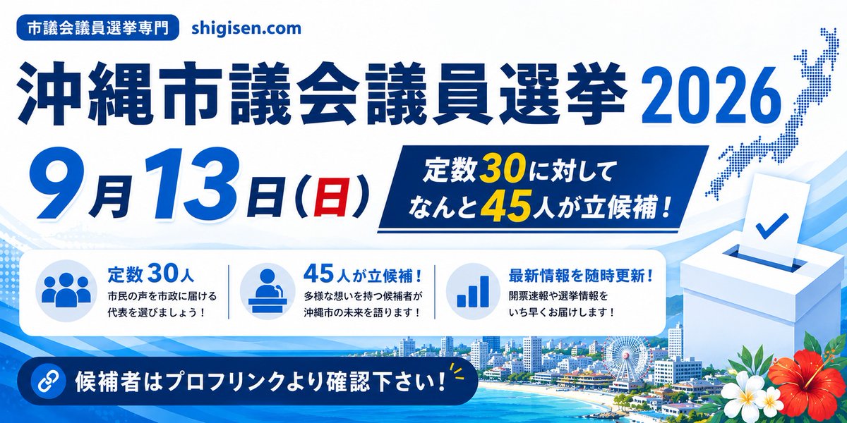 shigisencom's tweet photo. 【沖縄市議会議員選挙2026】　9月13日（日）  定数30に対してなんと45人が立候補！候補者はプロフリンクより確認下さい！　＃沖縄市議会議員選挙　#沖縄市 https://t.co/Cwc2sH0c1P