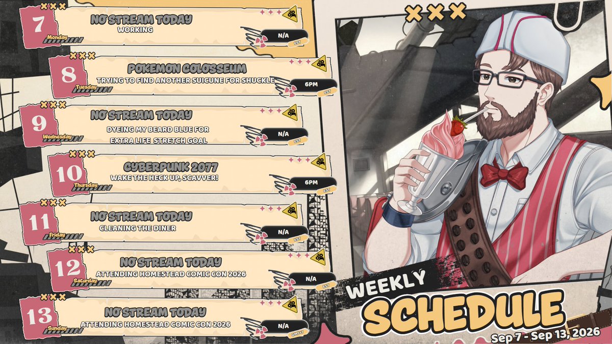 S15Costuming's tweet photo. Here's my stream schedule for this week!

This Wednesday, I will be dyeing my beard blue for raising $2,000 this year for @nicklaus4kids via @extralife4kids !

#ExtraLife #Cyberpunk2077 #PokemonColosseum #twitch #twitchstreamers #twitchtv https://t.co/Nbi3G1KWPn