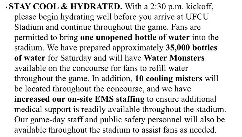 kdamp's tweet photo. There’s no getting around it. The @TXSTATEFOOTBALL game vs UTSA is going to be hot (with all @pac12 games being on national TV, we don’t control kick times like when our games were streamed). Start hydrating now - Saturday afternoon is too late. Other precautions we are taking: https://t.co/XEFsw4nlul