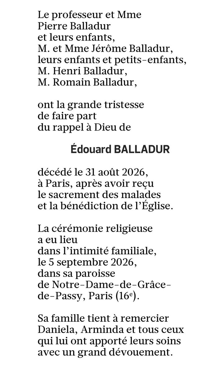JFGuyot's tweet photo. Les obsèques d’Édouard #BALLADUR ont eu lieu samedi à Paris dans l’intimité familiale (Carnet @Le_Figaro) https://t.co/GEprM2dVqQ